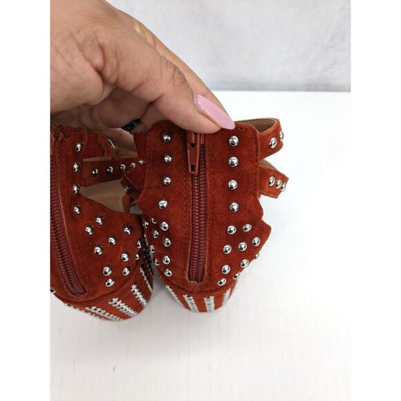 Studded Suede Block Heels Sandals Chunky Rust Boho Western Festival Y2K Size 8 - Picture 11 of 12
